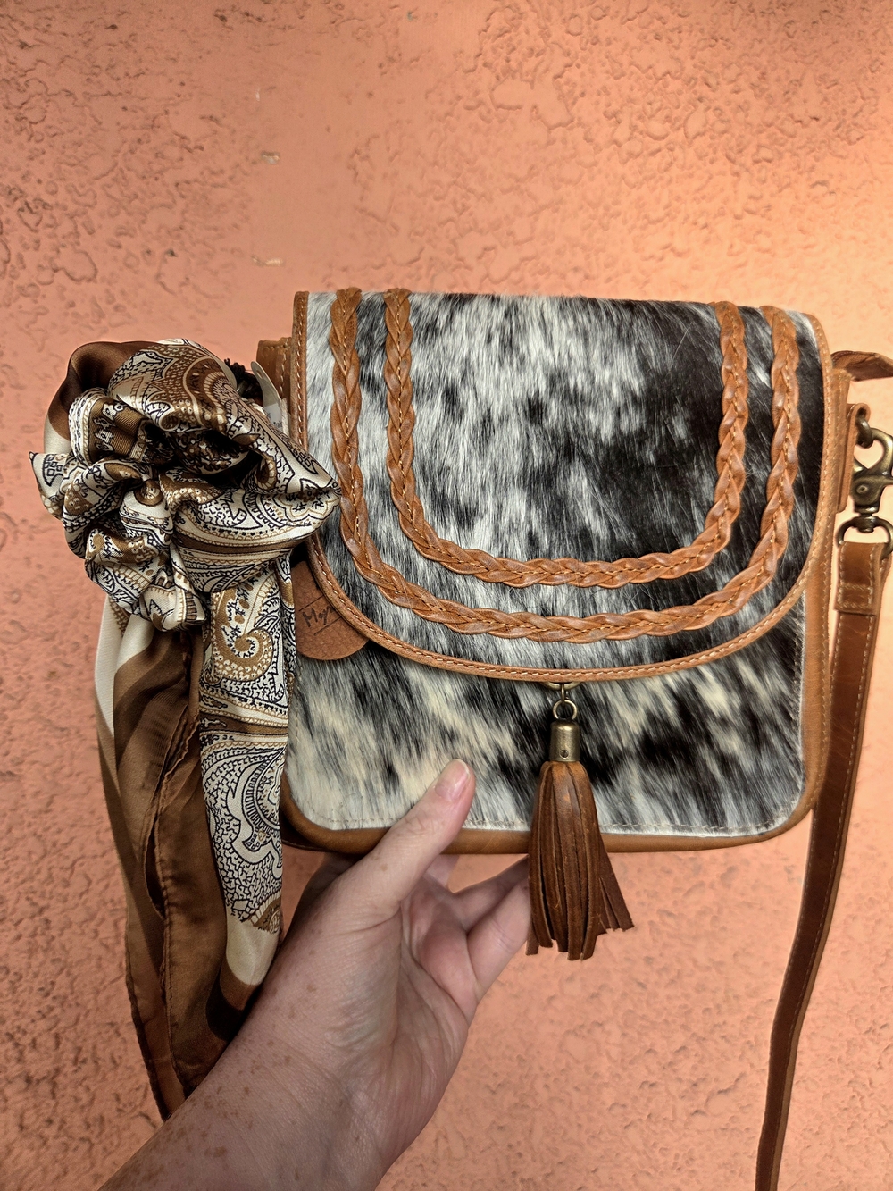 Myra Hair-on-Hide Crossbody with Custom Styled Paisley Wild Rag Flower Set."